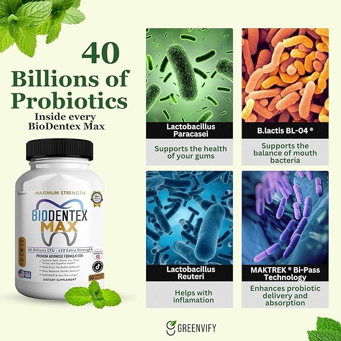 BioDentex Max Maximum Strength Probiotic Supplement 40 Billion CFU 60 Capsules with MAKTREK Bi-Pass Technology for Digestive Health Support (1)