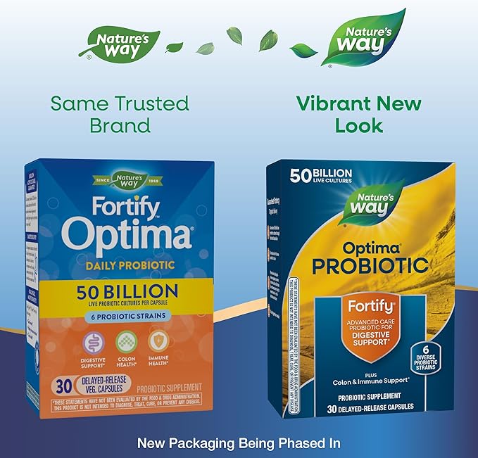 Nature's Way Fortify Optima Probiotic for Men and Women 50 Billion Live Cultures 6 Strains Supports Digestive and Immune Health* 30 Capsules (Packaging May Vary)