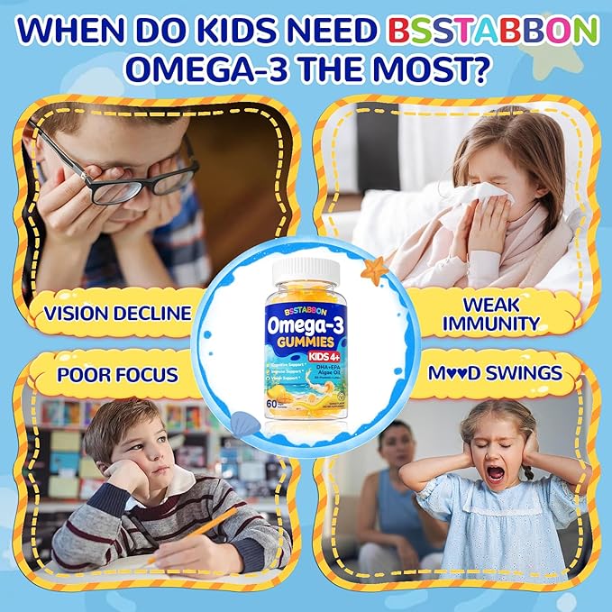 Vegan Omega 3 Gummies for Kids 4+: Natural Omega-3 Fatty Acid Supplement DHA EPA with Vitamin D3 B12 Probiotic Lutein Zinc for Overall Health - No Fish Taste Multivitamin for Kids(60Count)