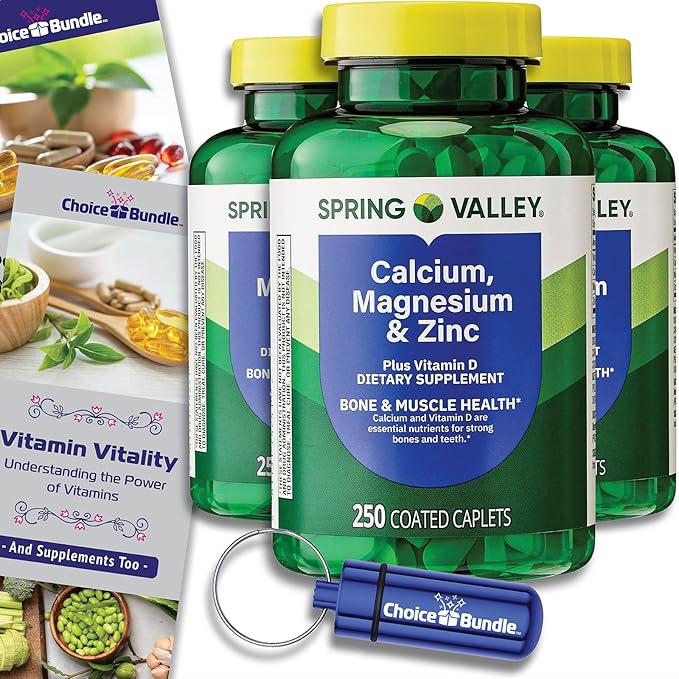 Spring Valley Calcium Magnesium &amp Zinc Plus Vitamin D Coated Caplets 250 Ct 3 pk (750 Total) + Vitamin Vitality &amp Pill Container (5 Items)!