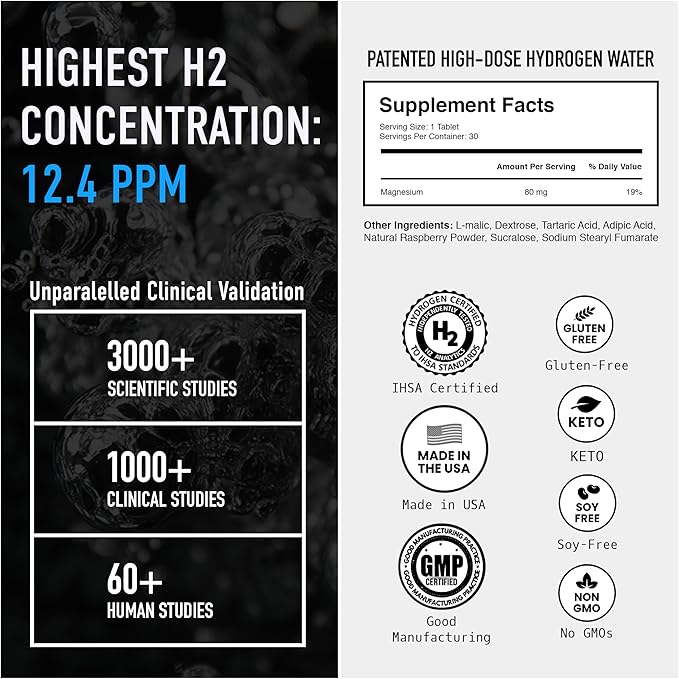 DRINK HRW Rejuvenation Molecular Hydrogen Water Tablets: 12 ppm H2 Patented USA Made IHSA-Certified Hydrogen &amp Magnesium Supplement. Supports Energy Recovery Cognitive Function (Raspberry 30