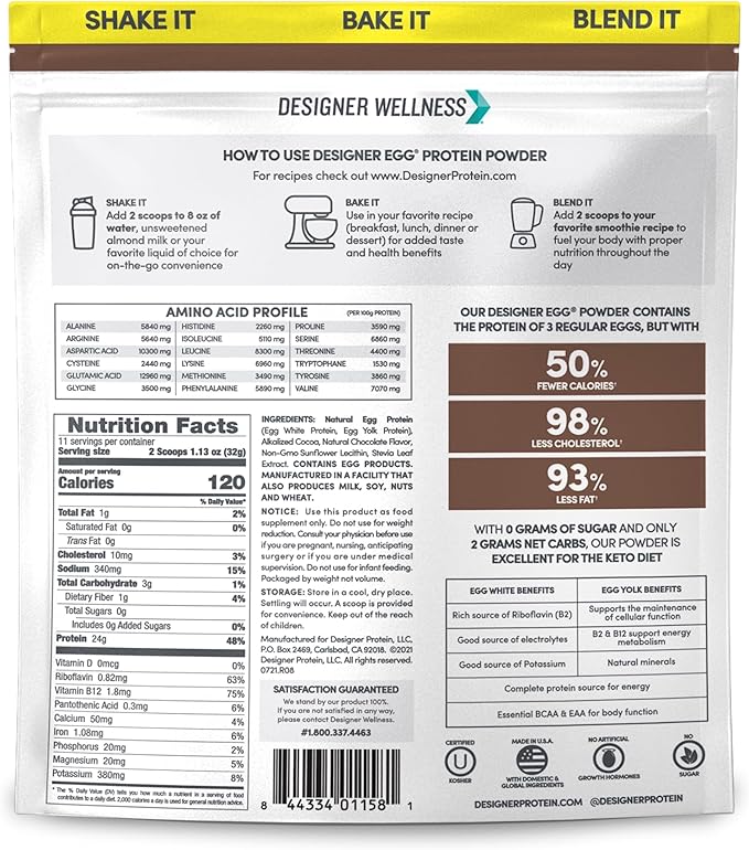Designer Wellness Designer Egg Natural Egg Yolk &amp White Protein Powder Keto and Paleo Friendly Low Calorie Less Fat and Cholesterol Dutch Chocolate 12.4 Ounce