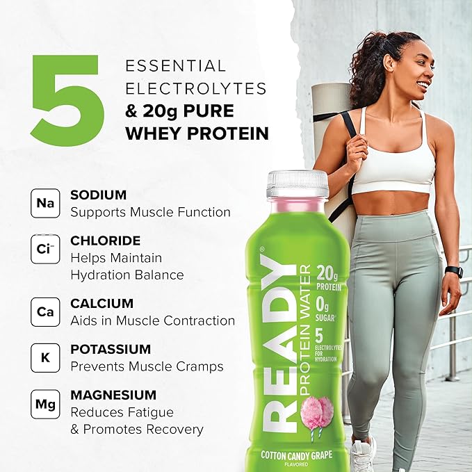 Ready® Clear Protein Water – 20g Whey Protein Isolate Zero Sugar Low-Calorie Sports Drink for Hydration &amp Recovery – Electrolytes Essential Amino Acids – Cotton Candy Grape 16.9 fl oz Bottles