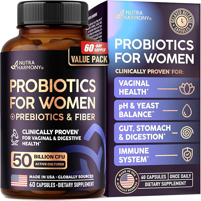 Probiotics for Women 50 Billion CFU - Vaginal Probiotics Clinically Proven for Yeast &amp pH Balance - Digestion &amp Bloating Relief - 8 Strains + Prebiotics - Delay Release - Made in USA 60 Capsu