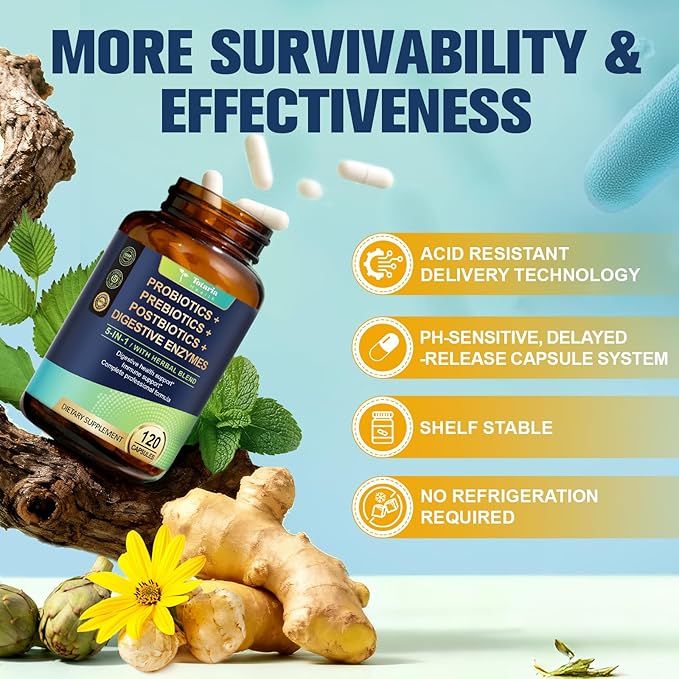 Totaria 5-in-1 Probiotic Prebiotic &amp Postbiotic for Women Men 60 Billion CFU 24 Strains w/Digestive Enzymes Prebiotic Fiber Slippery Elm Daily Complete Immune Gut Health 120 Day Supply