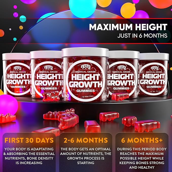 Height Growth Increase Gummies Vitamins Grow Tall Supplement Calcium Magnesium Zinc Ashwagandha Glucosamine Multivitamin for Teens Kids Adults