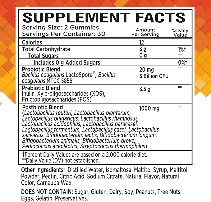 Prebiotic Probiotic &amp Postbiotic Gummies for Women Men &amp Kids Children - High Potency 5 Billion CFU - Sugar-Free &amp Gluten 60 Count (Pack of 2)