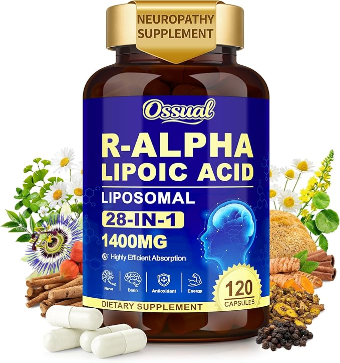 1400MG R Alpha Lipoic Acid 28-in-1 Stabilized ALA Supplements Neuropathy Supplements with L-Carnitine NAC &amp B-Complex R-ALA Supplement Antioxidant for Nerve Brain Energy丨Vegan 120 Capsules