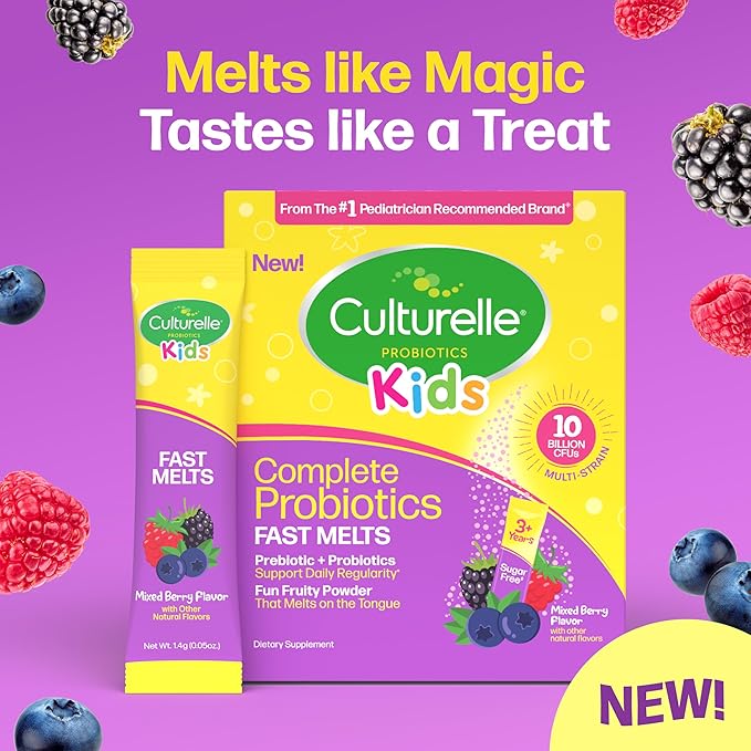 Culturelle® Kids Complete Probiotics Fast Melts Mixed Berry Flavor 30 Count Sugar Free‡ Prebiotic + Probiotic Powder for Digestive and Immune Health Supports Daily Regularity *