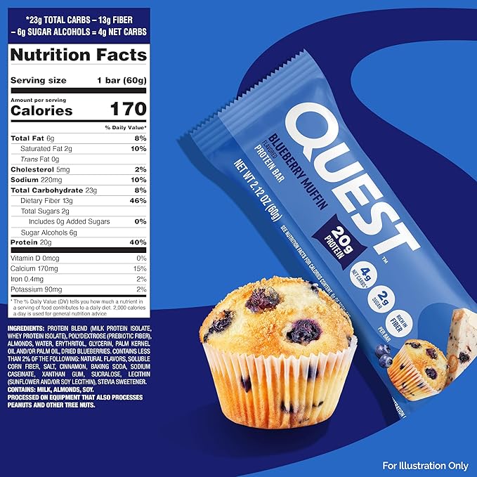 Quest Nutrition Blueberry Muffin Protein Bars 20g Protein 2g Sugar 5g Net Carb High Fiber Gluten Free Keto Friendly 12 Count