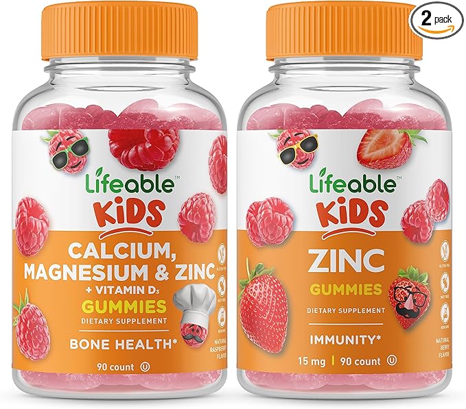 Lifeable Calcium Magnesium &amp Zinc Kids + Zinc Kids Gummies Bundle - Great Tasting Vitamin Supplement Gluten Free GMO Free Chewable Gummy
