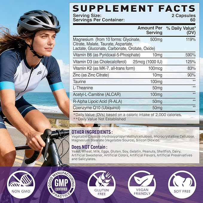 10 in 1 Magnesium 500mg Complex Capsule Magnesium for Women with L-theanine Acetyl-L-Carnitine R-Alpha Lipoic Acid Coq 10 B6 D3 &amp K2 Digestive Health Muscle &amp Nerve Sleep Vegan 120