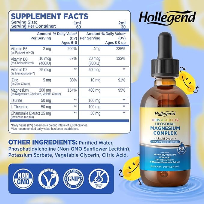Liposomal Kids Magnesium Glycinate Drops Liquid Triple Magnesium Complex 400Mg for Adults with D3 &amp K2 B6 Zinc Taurine Theanine &amp Chamomile Muscle Relief Sleep Stress 120 Servings