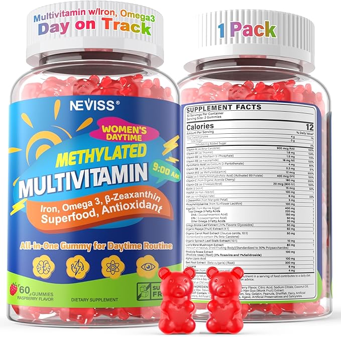 NEVISS AM Methylated Multivitamin Gummies with Iron for Women 26-in-1 Gummy Omega-3 Methylfolate &amp B12 Inositol for Daytime Routine Daily Vitamin Energy Brain Antioxidant Vegan Sugar Fre