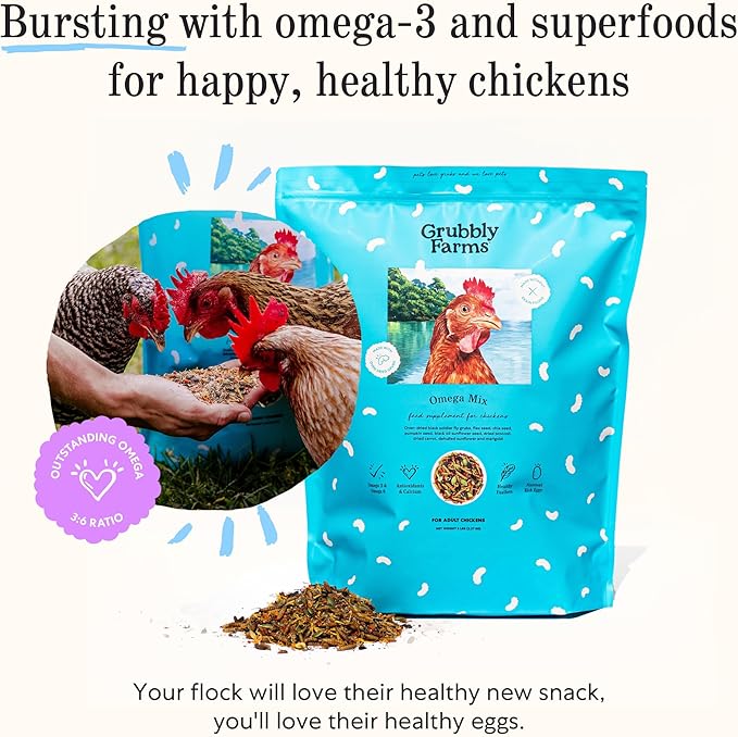 Grubbly Farms Omega Mix Chicken Treats for Laying Hens - Superfood and Omega-Rich Chicken Feed Supplement to Support Egg Production Strong Eggshells and Nutritious Yolks - 5LB