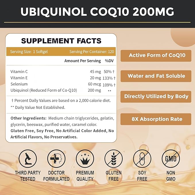 ZEBORA Ubiquinol CoQ10 200mg Softgels 4-in-1 Powerful Antioxidant for Heart and Vascular Health Essential for Energy Production Max Absorption Active Form of CoQ10 120 Softgels