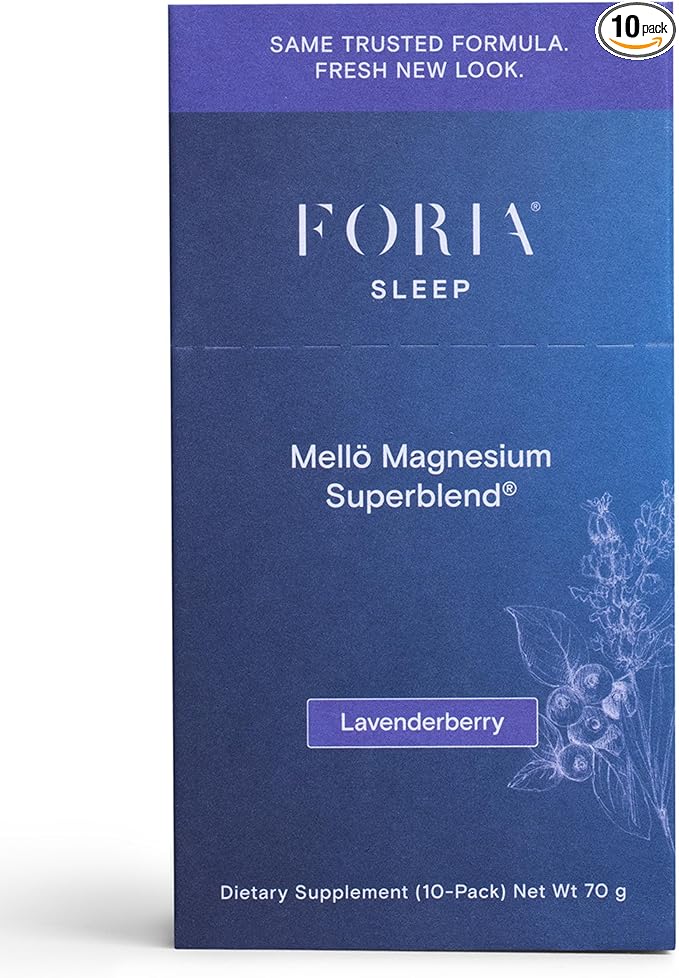 Foria Mellö Magnesium Supplement Superblend Powder - Magnesium Glycinate with L-Theanine GABA and Trace Minerals - Supports Sleep and Relaxation - Lavenderberry Flavor 10-Pack Singles