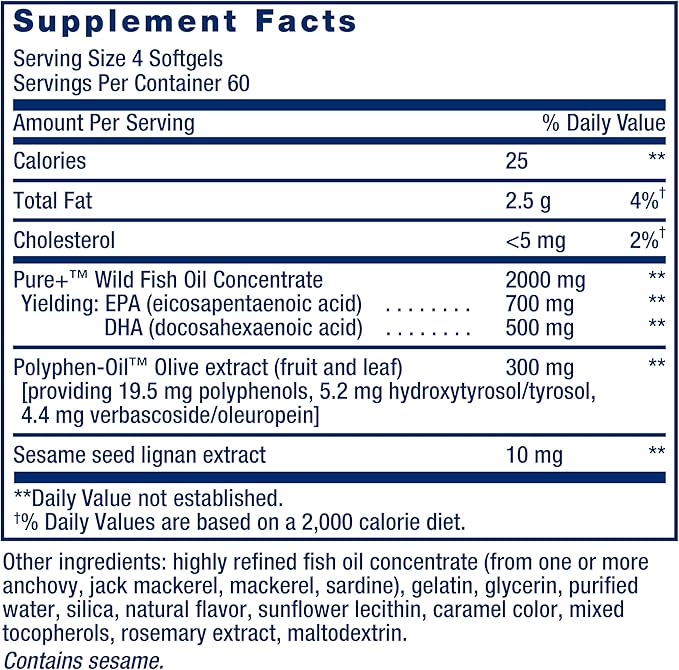Life Extension Super Omega-3 EPA/DHA Fish Oil Sesame Lignans &amp Olive Extract – Heart Health Brain Health Inflammation Health Support Gluten-Free Easy to Swallow Non-GMO 240 Softgels