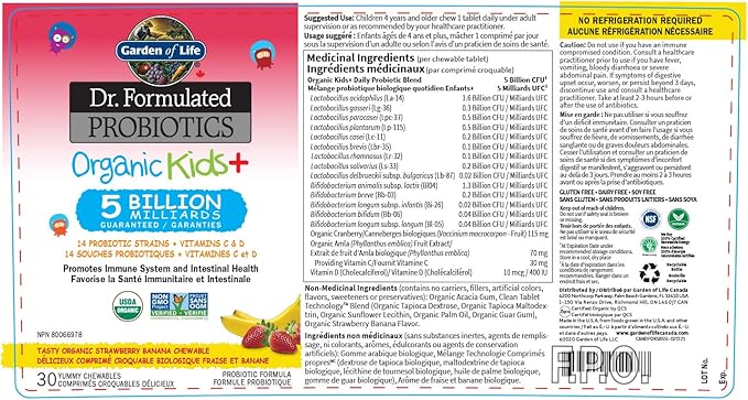 Garden of Life Dr. Formulated Probiotics Organic Kids+-Digestive Health Support-Prebiotic Fiber&ampVitamins C&ampD-Supports Immune Function-Shelf Stable-Strawberry Banana30 Yummy Chewables(Pack of