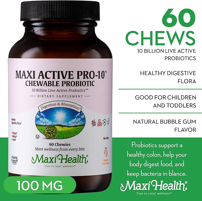 Maxi Health Active Pro-10 Kids Probiotic Chewables – 15 Strains for Digestive &amp Immune Health –10 Billion probiotic Blend- Dairy-Free Kosher – Supports Gut Health Vegetarian – 60 ct (Shelf Stabl