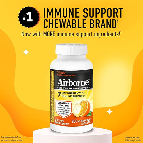 Airborne Citrus Chewable Tablets 200ct | Immune Support Supplement with 1000mg Vitamin C + Vitamins A D E ZincSelenium &amp Manganese | Herbal Blend | Gluten Free