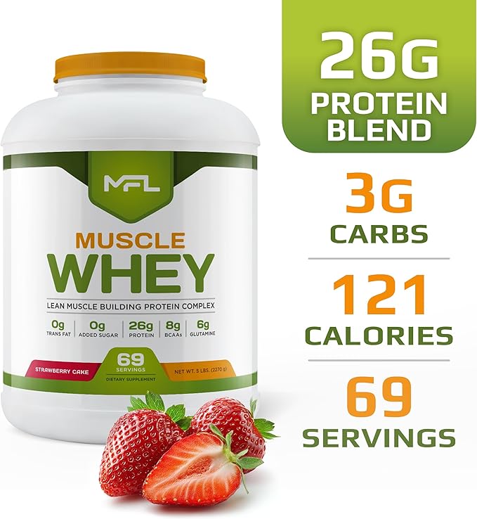 MFL Muscle Whey Protein 5 lbs l 26g of Protein l 8g BCAAs l 6g Glutamine l Low Carbs l 69 Servings (Strawberry Cake)