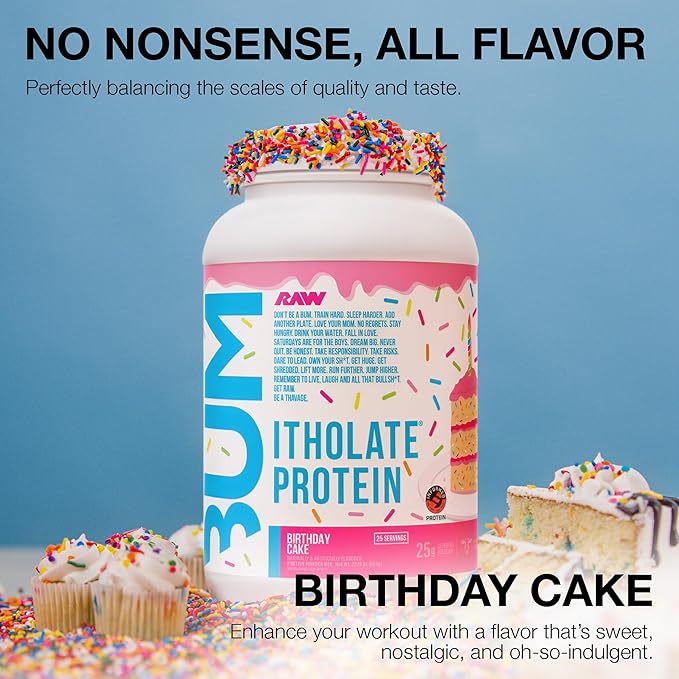 RAW Whey Isolate Protein Powder Birthday Cake (CBUM Itholate Protein) - 100% Grass-Fed Sports Nutrition Powder for Muscle Growth &amp Recovery - Low-Fat Low Carb - 25 Servings