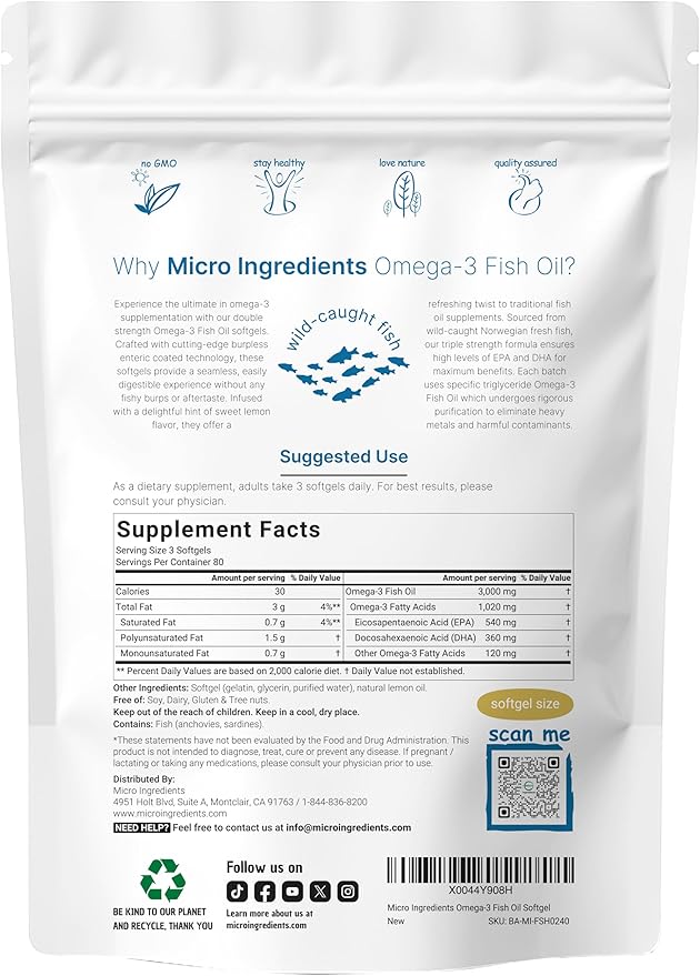 Micro Ingredients Omega 3 Fish Oil Supplements 3000mg Per Serving 240 Softgels | Lemon Flavored – Burpless | EPA 540mg + DHA 360mg | Deep Sea Fish