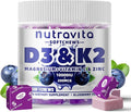 Nutravita Sugar-Free Vitamin D3 K2 Chews with Calcium + K2 (MK-7) Magnesium Citrate Vitamin C Extra Strength - Ultimate Absorption for Bone Muscle Teeth Immune Vegan - 60 Count-Blueberry Flavor