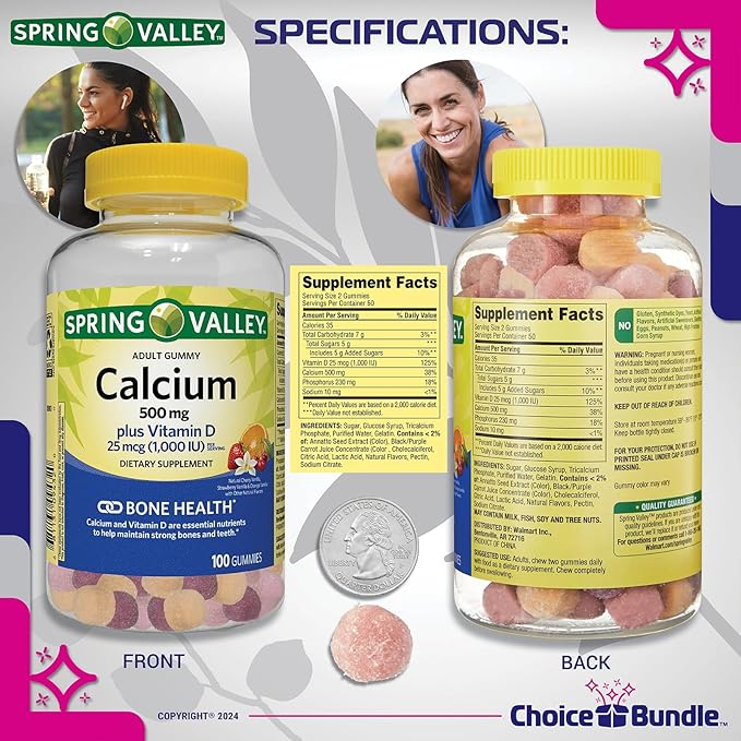 Choice Bundle Spring Valley Calcium 500 mg Plus Vitamin D 25 mcg Bone Health Dietary Supplement Gummies 100 Ct 2 pk (200 Total) + Vitamin Guide and Pill Container (4 Items)!