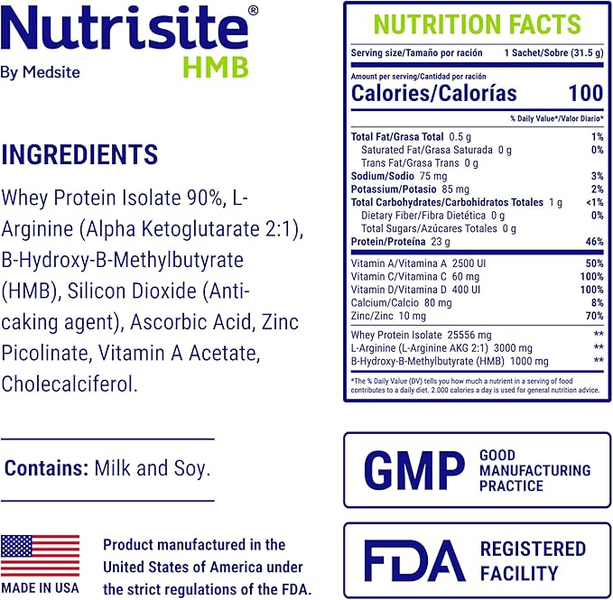 Nutrisite HMB – Special Medical Purpose Food 7 Pack – Modular Powdered Formula Based on Whey Protein Isolate L-Arginine HMB Vitamins A C D and Zinc (1.11 Oz ea.)