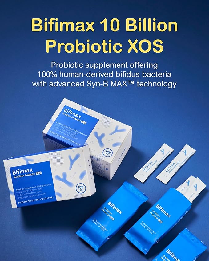 Bifimax 10 Billion Probiotic XOS - Premium Synbiotic Supplement with Human-Derived Bifidus Bacteria &amp XOS Advanced Syn-B MAX Technology for Gut Health (2.1 oz 30 Sticks)