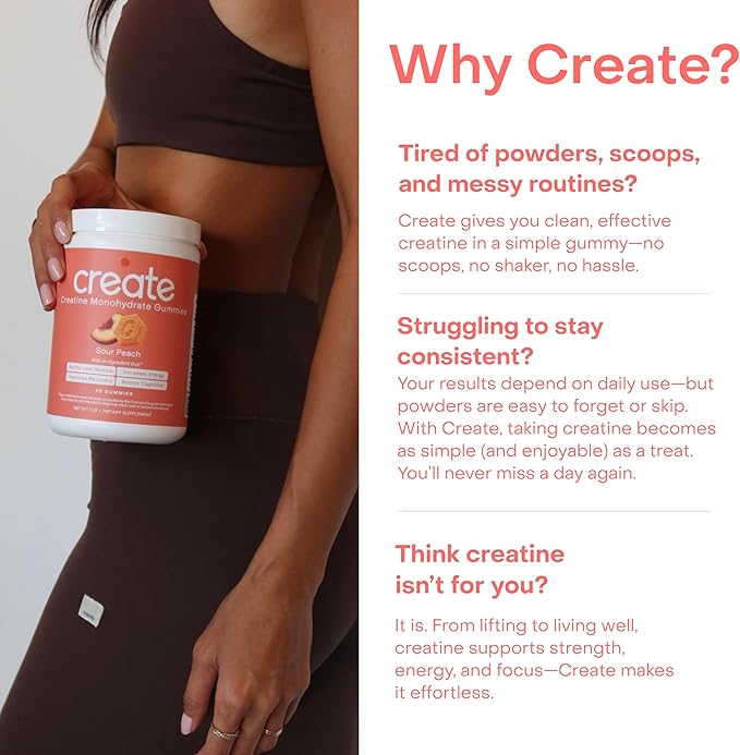 Create Creatine Monohydrate Gummies for Men &amp Women Boost Focus Strength and Endurance Anti-Melting Formula Vegan Gluten-Free Non-GMO 1.5g of Creatine per Gummy (Sour Peach)