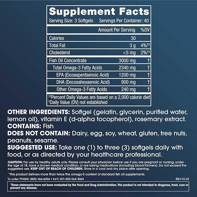 ProHealth Omega-3 Fish Oil Supplements for Women &amp Men 120 Softgels 1200 mg EPA 900mg DHA &amp Other Fatty Acids Extra Strength Fish Oil Nutritional Supplement