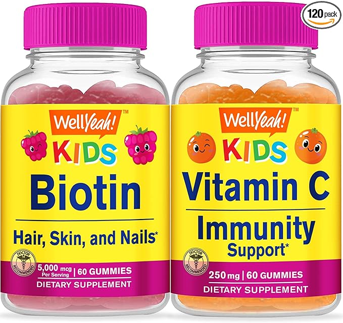 WellYeah Biotin Kids + Vitamin C Kids Gummies Bundle - Great Tasting Vitamin Supplement Gluten Free GMO Free Chewable Gummy