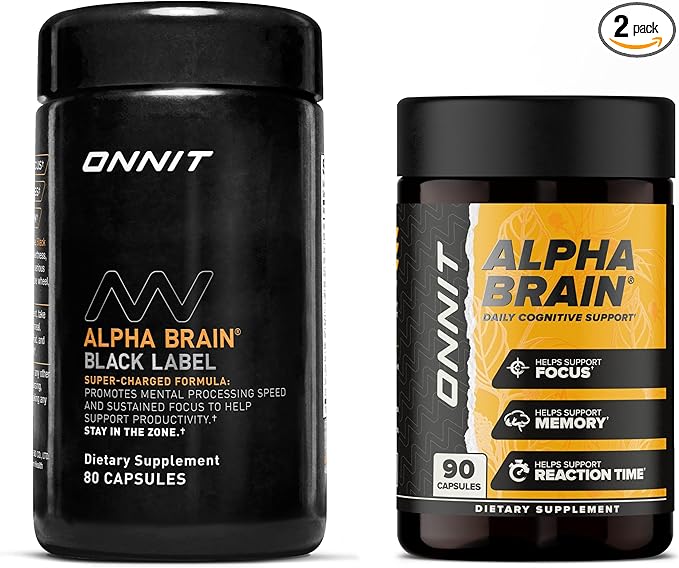ONNIT Cognitive Performance Bundle: Alpha Brain Nootropic Capsules (90 Count) + Alpha Brain Black Label Capsules (80 Count) IGEN Non-GMO Tested Focus Mental Clarity &amp Alertness Pack of 2