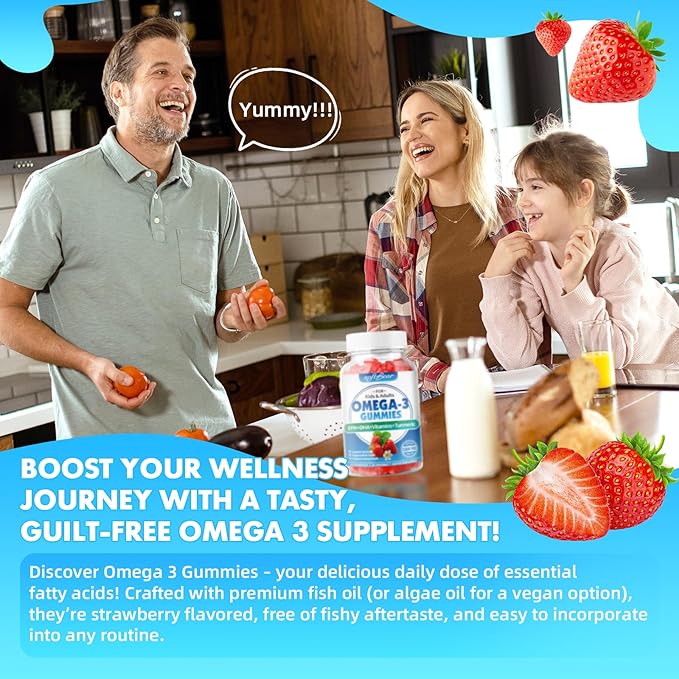 softbear Omega 3 Gummies for Women &amp Men &amp Kids Omega 3 Supplements 1200mg Vegan Omega 3 Fatty Acids DHA EPA with Vitamins Support Eye &amp Brain Health Sugar Free Strawberry Flavor 120 Cou