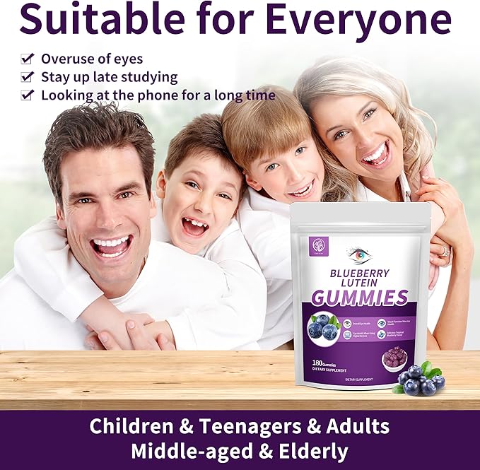 Blueberry Lutein Eye Vitamins Gummies with 180 Count - 3 Month Supply Vegan Eye Health Supplement for Kids and Adult Lutein Gummies for Vision Clarity and Blue Light Support