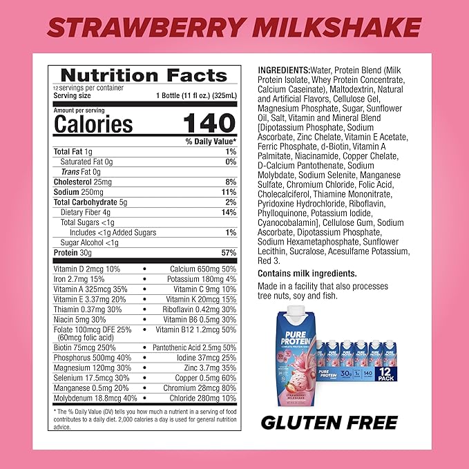 Pure Protein Protein Shake Bundle 30g Protein 11oz Bottles 12 Packs Strawberry &amp Chocolate Milkshake Flavors