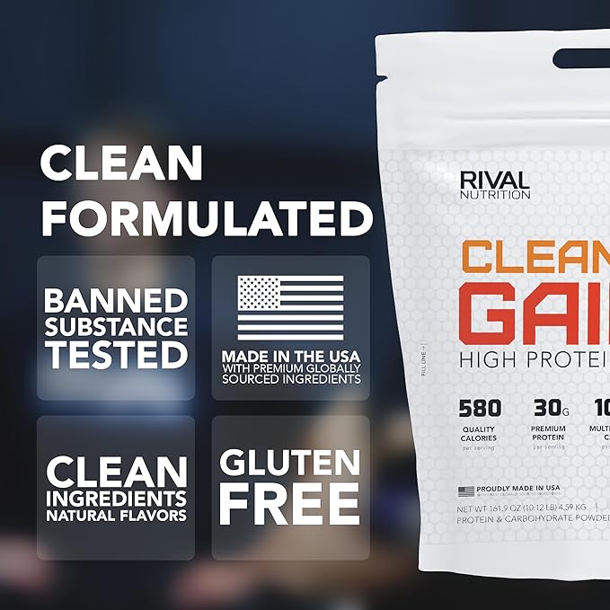 RIVAL NUTRITION Clean Gainer Protein Powder - 10LB Chocolate Fudge - High Protein Lean Mass &amp Weight Gainer | 560 Calories 30g Protein 101g Multi-Source Carbs No Artificial Flavor– 30 Servings