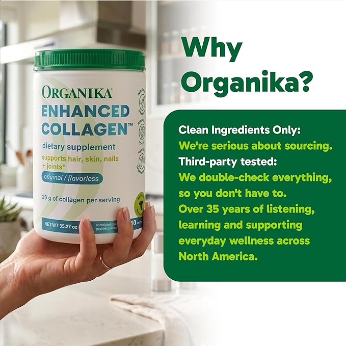 Organika Collagen Powder - for Healthy Hair Skin Nails and Joints. Hydrolyzed Protein Peptides for Better Absorption- Grass-Fed Non-GMO- Unflavoured- 2.2lbs