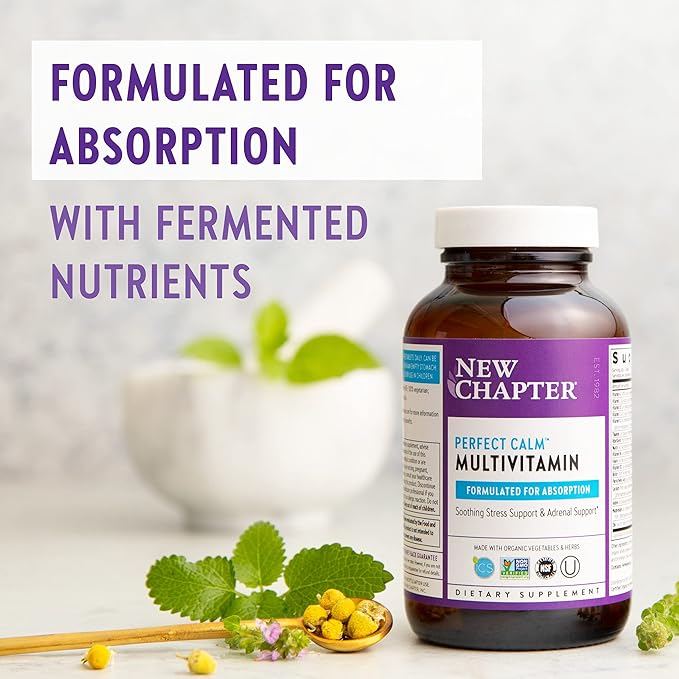 New Chapter Calming Supplement -Perfect Calm Multivitamin for Stress + Mood Support with B Vitamins + Holy + Lemon Balm + Organic Non-GMO Ingredients Basil 72 Count (Pack of 1)