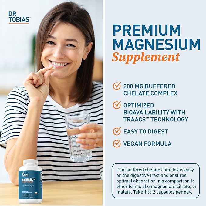 Dr. Tobias Magnesium Bisglycinate - High Absorption Magnesium Buffered Chelate Complex 200 mg per Capsule | Supports Energy Muscle Bone &amp Joint Health - Non-GMO Magnesium Supplement 120 Capsule