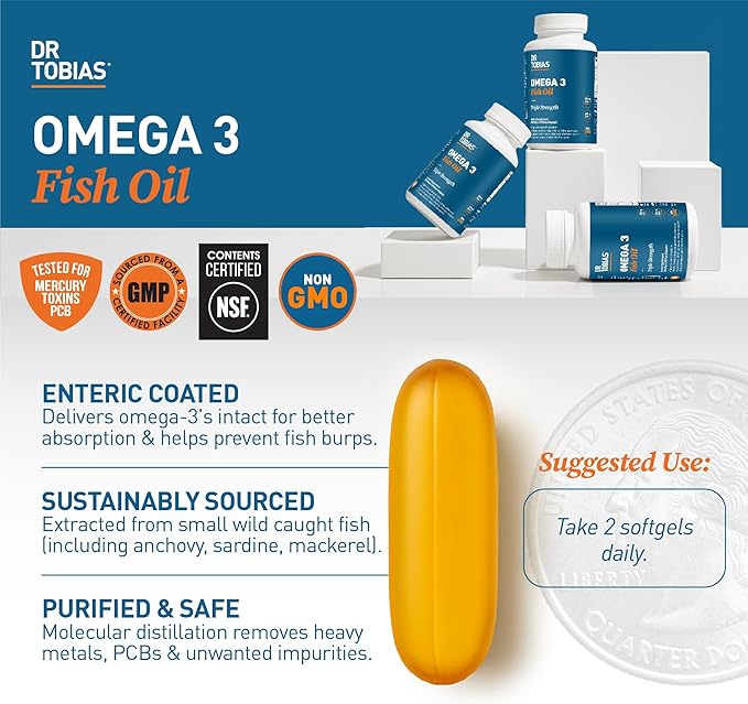 Dr. Tobias Omega 3 Fish Oil 2000mg Triple Strength with 800mg EPA 600mg DHA Per Serving | Fish Oil Omega 3 Supplements for Heart Brain &amp Immune Support - 180 Softgels (90 Servings)