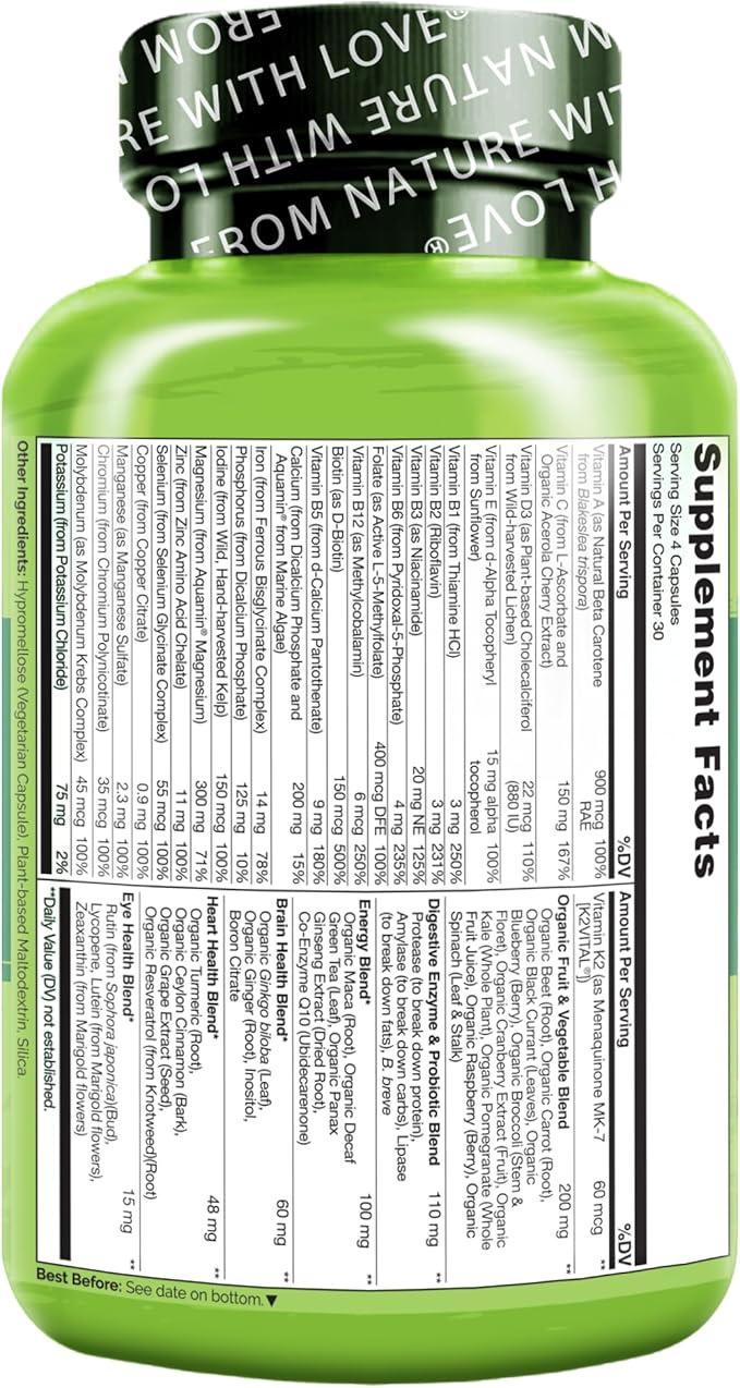 NATURELO Whole Food Multivitamin for Women - with Vitamins Minerals &amp Organic Extracts - Supplement for Energy and Heart Health - Non GMO - 120 Vegan Capsules