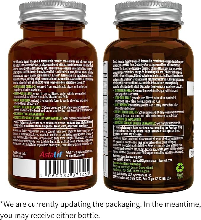 Igennus Vegan Omega-3 Natural Algae Oil DHA &amp EPA Certified Pure Plant Based Fatty Acid Supplement with Astaxanthin Antioxidant 60 Small Softgels 2 per Day 30 Servings