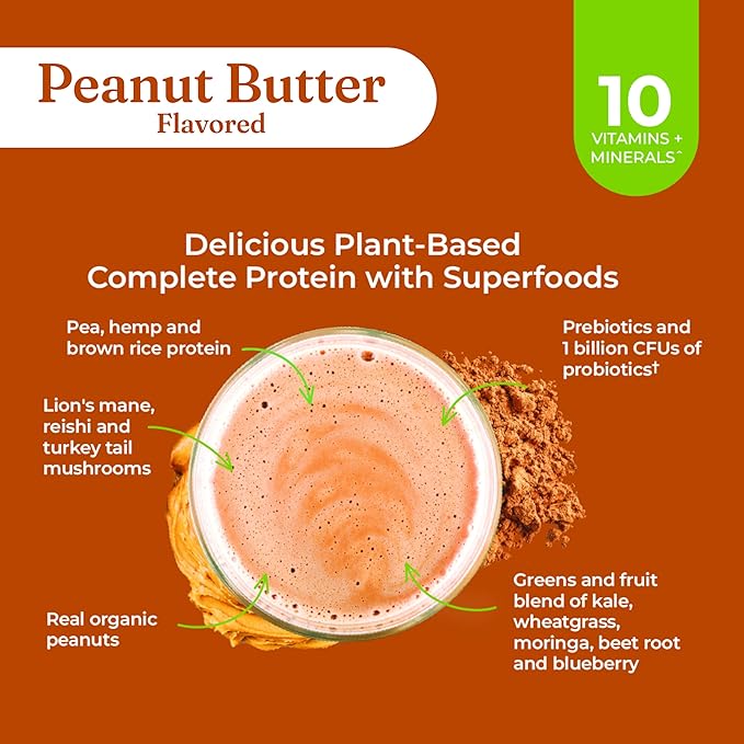 Four Sigmatic Organic Plant-Based Protein Powder | Clean Vegan Protein Elevated with Lion’s Mane Chaga Cordyceps and More for Brain Function and Immune Support | Peanut Butter 21.16 oz