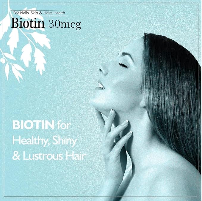 Biotin 30mcg Supplement for Hair Growth Strong Hair and Glowing Skin Fights Nail Brittleness 90 Tablets