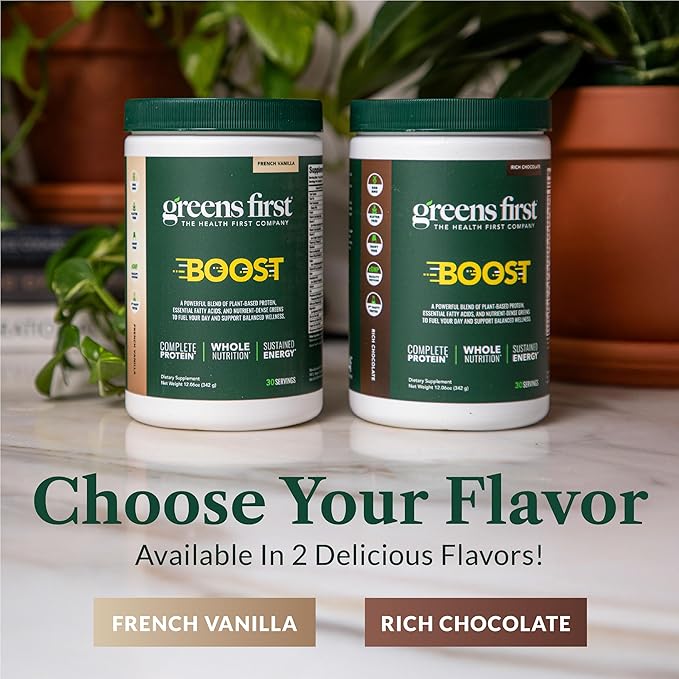 Greens First Boost - Plant-Based Protein &amp Balanced Nutrition - Superfood Shake Mix - No Wheat or Soy - Dairy-Free - Vegan - Dutch Chocolate 12.28 oz.