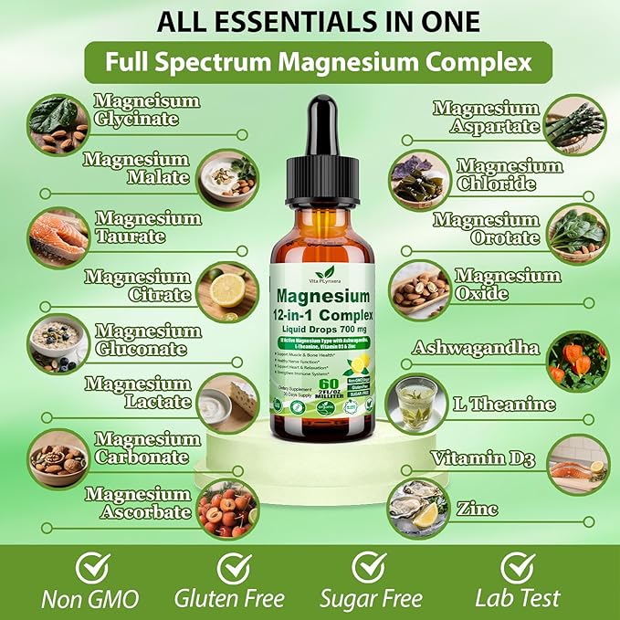 2 Pack 12-in-1 Magnesium Complex Liquid Drops Chelated Magnesium Citrate Glycinate Taurate Malate Aspartate w. Ashwagandha Theanine D3 &amp Zinc for Relaxation Sleep Immune Health &amp Muscle Funct